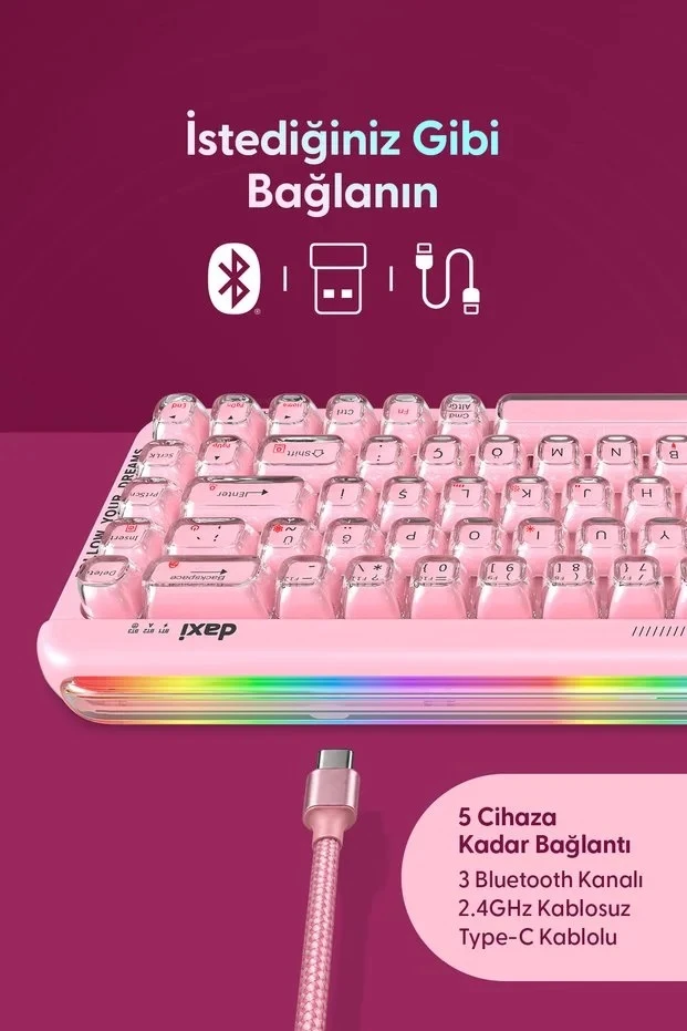 Daxi 713 CrystalKeys Dinamik RGB Oyuncu Klavyesi - Pembe