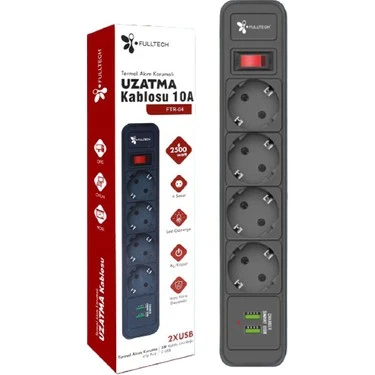 FULLTECH TERMAL AKIM KORUMALI ISIYA KARŞI DAYANIKLI 4'LÜ PRİZ KABLO UZUNLUĞU 2 MT 2XUSB