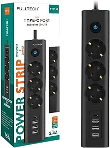 FULLTECH TYPE-C PORT GİRİŞLİ AKIM KORUMALI 3'LÜ PRİZ, 3 USB, 1 TYPE-C GİRİŞ, ISIYA DAYANIKLI