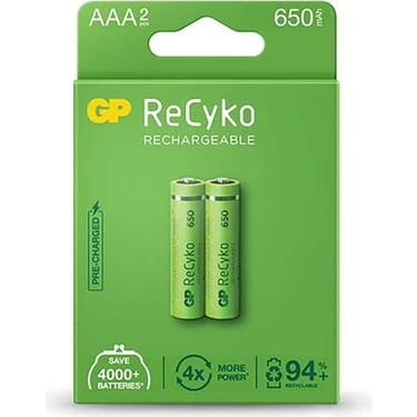 GP RECYKO ŞARJ EDİLEBİLİR AAA KALEM PİL 2'Lİ 650 MAH