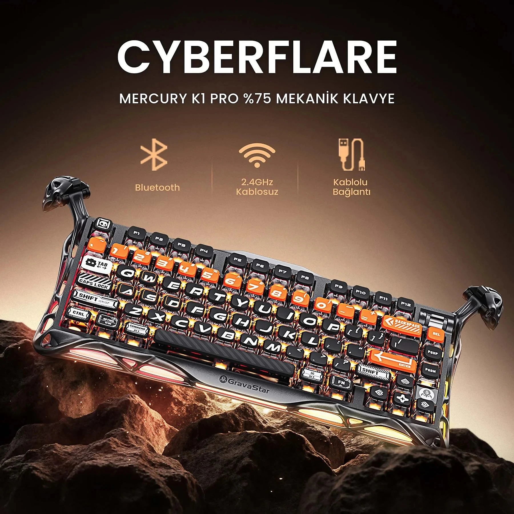 GravaStar Mercury K1 Pro CyberFlare RGB %75 TKL X Kailh Switch Kablolu/Kablosuz Mekanik Oyuncu Klavyesi