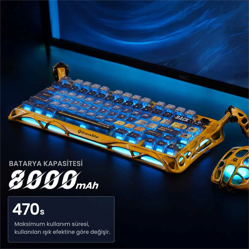 GravaStar Mercury K1 Pro Sarı RGB %75 TKL X Kailh Switch Kablolu/Kablosuz Mekanik Oyuncu Klavyesi