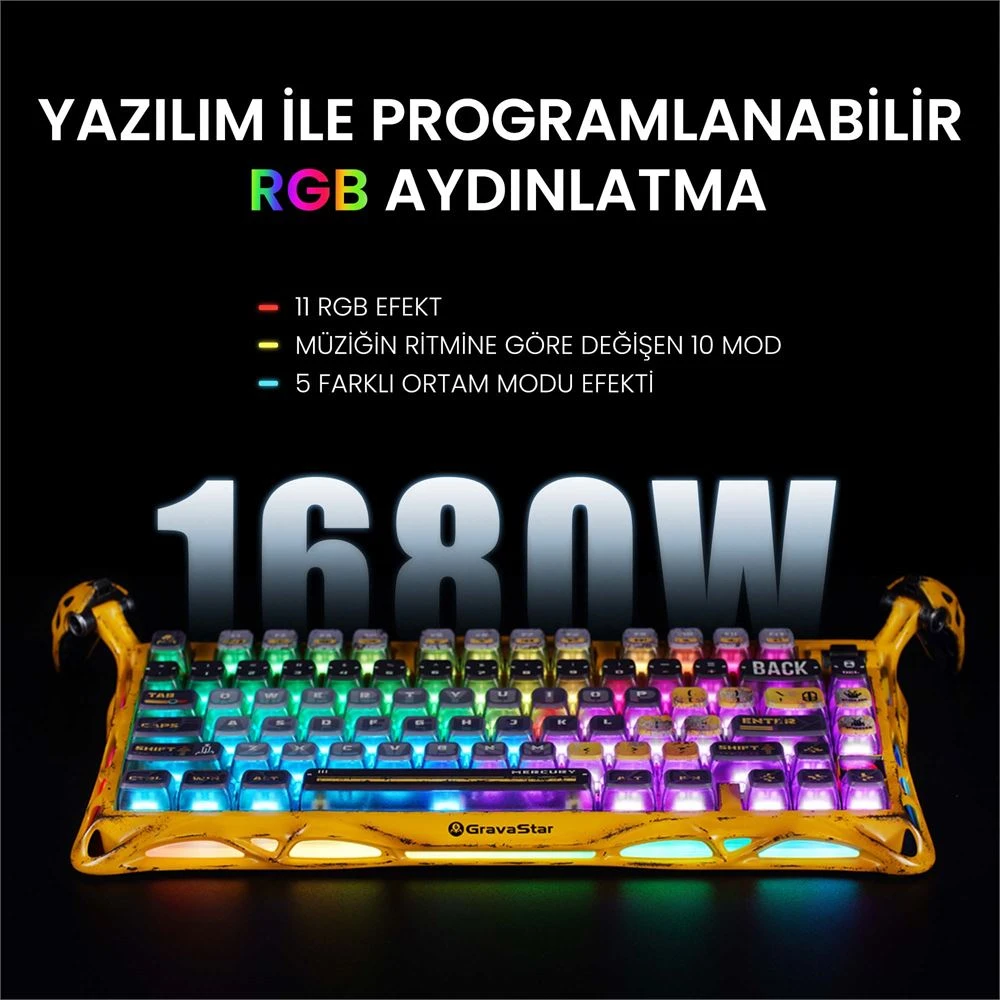 GravaStar Mercury K1 Pro Sarı RGB %75 TKL X Kailh Switch Kablolu/Kablosuz Mekanik Oyuncu Klavyesi
