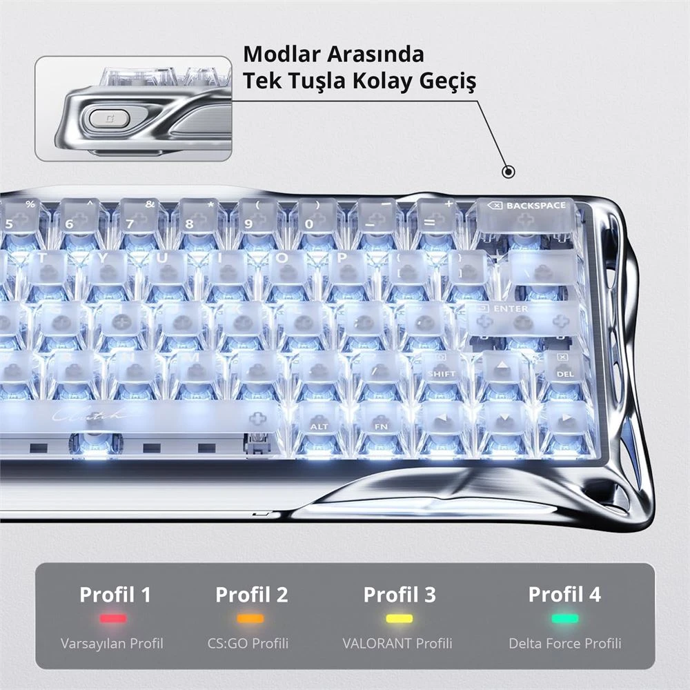 GravaStar Mercury V60 Pro Chrome Silver Deluxe Edition RGB %60 TKL UFO Magnetic Switch Kablolu Mekanik Oyuncu Klavyesi