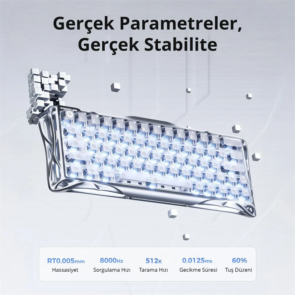 GravaStar Mercury V60 Pro Chrome Silver Deluxe Edition RGB %60 TKL UFO Magnetic Switch Kablolu Mekanik Oyuncu Klavyesi