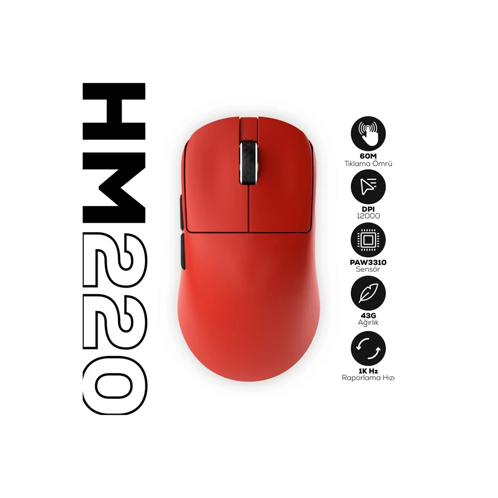 Hawk Gaming HM220 Kırmızı Şarjlı Optik Kablolu/Kablosuz Oyuncu Mouse