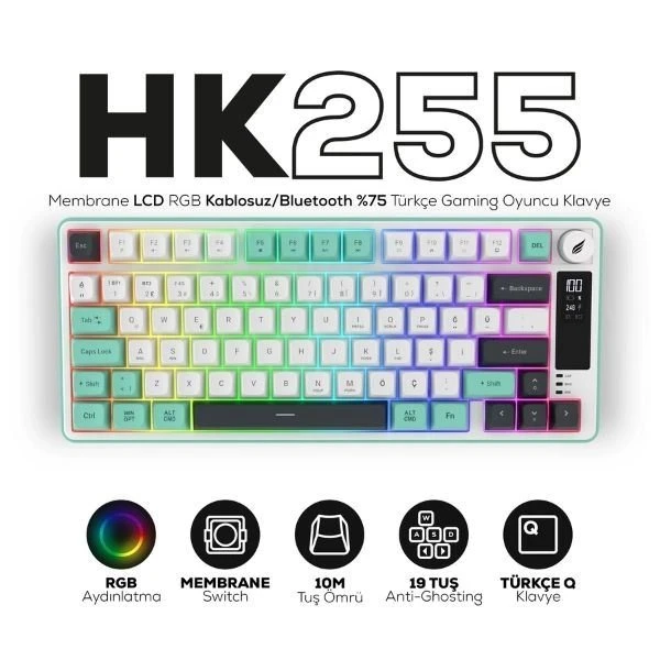 HK255 Membrane LCD RGB Kablosuz/Bluetooth Gri Yeşil %75 Türkçe Gaming Oyuncu Klavye
