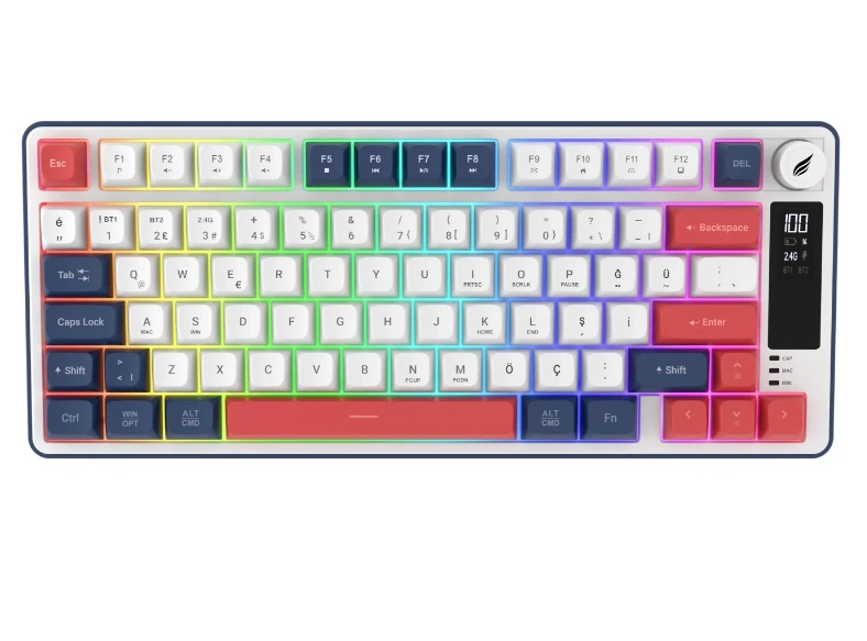 HK255 Membrane LCD RGB Kablosuz/Bluetooth Mavi Kırmızı %75 Türkçe Gaming Oyuncu Klavye