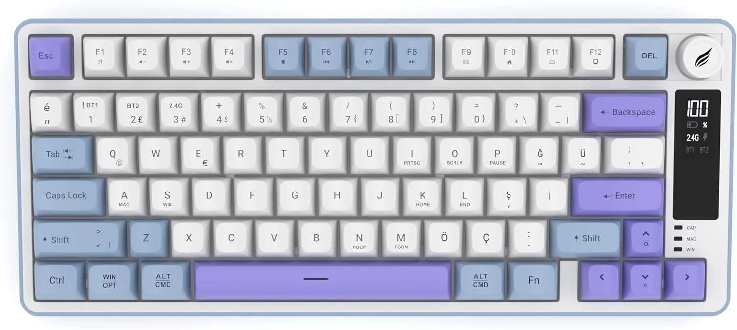 HK255 Membrane LCD RGB Kablosuz/Bluetooth Mavi Mor %75 Türkçe Gaming Oyuncu Klavye