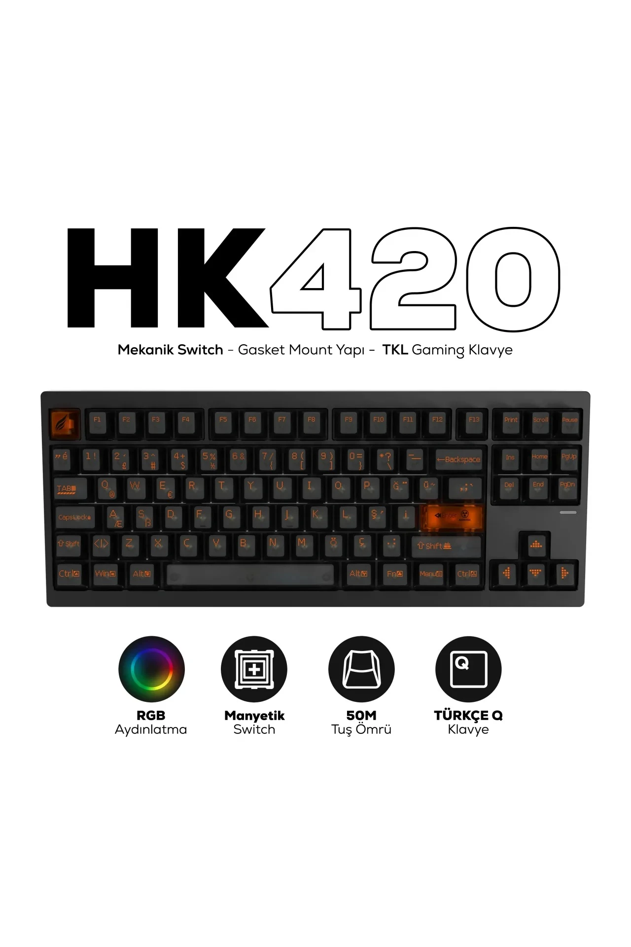 HK420 Mekanik Switch RGB Tri-Mode Kablosuz/Bluetooth TKL Gaming Klavye