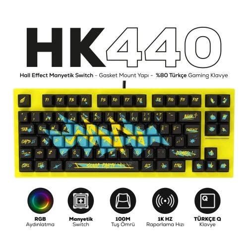 HK440 Hall Effect Manyetik Switch Rapid Trigger Sonic RGB 1k Hz 1 Ms Kablolu %75 Gaming Klavye
