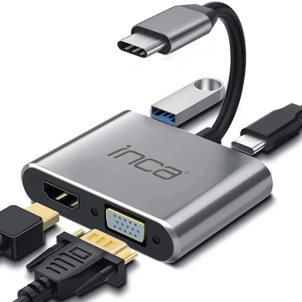 INCA ITPC-06TX TYPE-C HUB X4 HDMI 4K@30 HZ+ VGA+ USB 3.0+PD 100W ALUMİNYUM KASA