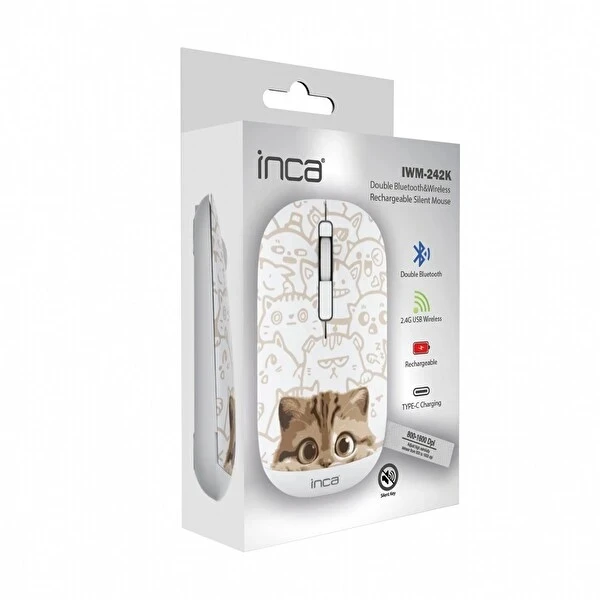 INCA IWM-242K BLUETOOTH+WIRELESS DOUBLE MOD RECHARGEABLE CAT PATTERNED SİLENT MOUSE BEYAZ