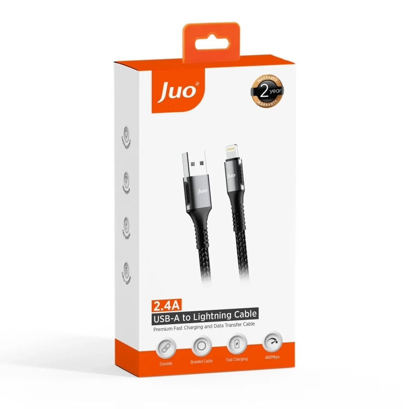 Juo 12W Dijital Led Ekranlı USB-A to Lightning iPhone iPad Örgülü Hızlı Şarj ve Data Kablosu 2 Metre