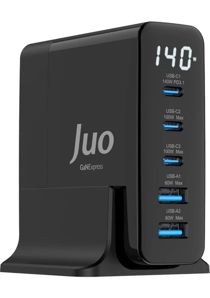 Juo 140W GaN PD 3.1 Masaüstü Hızlı Şarj Cihazı 3 Type-C + 2 USB-A iPhone & MacBook & Laptop Uyumlu Şarj Aleti