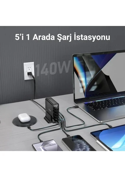 Juo 140W GaN PD 3.1 Masaüstü Hızlı Şarj Cihazı 3 Type-C + 2 USB-A iPhone & MacBook & Laptop Uyumlu Şarj Aleti
