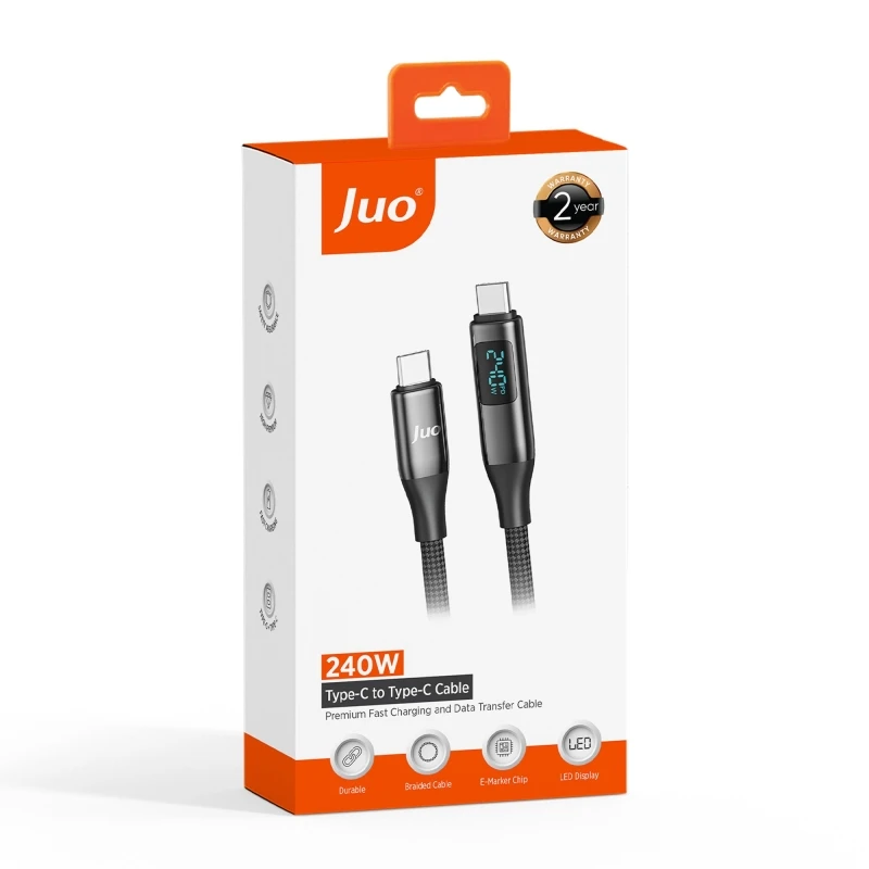 Juo 240W Dijital Led Ekranlı E-Mark Çipli PD 3.1 USB Type-C to Type-C Hızlı Şarj ve Data Kablosu 2 Metre
