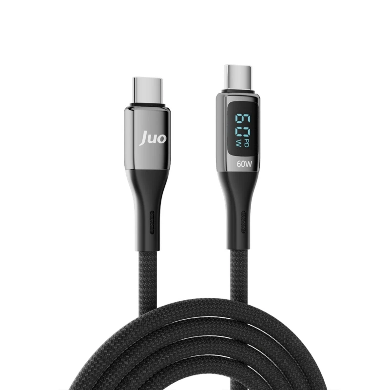 Juo 60W Dijital Led Ekranlı Örgülü USB Type-C to Type-C Hızlı Şarj ve Data Kablosu 2 Metre
