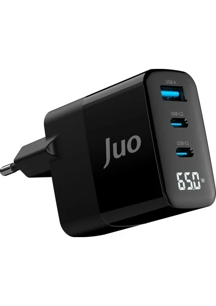 Juo 65W GaN Led Ekranlı Hızlı Şarj Cihazı 2 Type-C + USB-A iPhone & iPad & Notebook Uyumlu Şarj Aleti