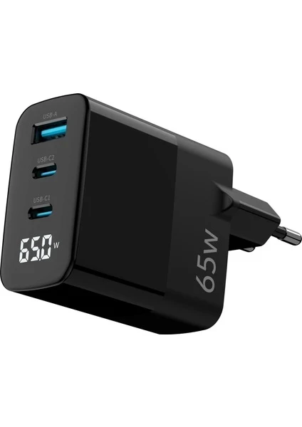 Juo 65W GaN Led Ekranlı Hızlı Şarj Cihazı 2 Type-C + USB-A iPhone & iPad & Notebook Uyumlu Şarj Aleti