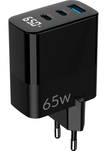 Juo 65W GaN Led Ekranlı Hızlı Şarj Cihazı 2 Type-C + USB-A iPhone & iPad & Notebook Uyumlu Şarj Aleti