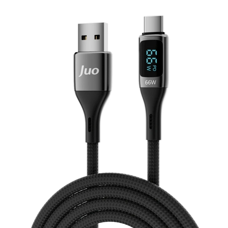 Juo 66W Dijital Led Ekranlı Örgülü USB-A to USB Type-C Hızlı Şarj ve Data Kablosu 2 Metre