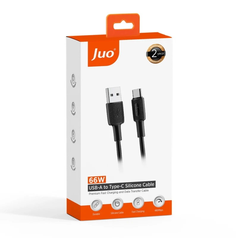 Juo 66W USB-A to USB Type-C Silikon Hızlı Şarj ve Data Kablosu 1 Metre Siyah