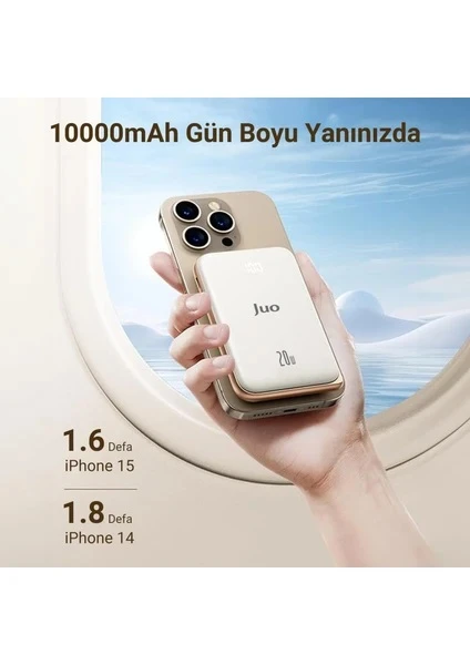 Juo Magsafe Powerbank 10000mAh Standlı 20W Dahili Type-C Kablolu Taşınabilir Hızlı Şarj Cihazı Beyaz