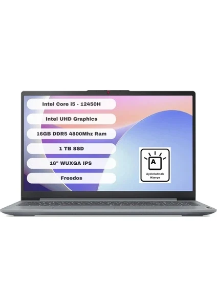 Lenovo Ideapad Slim 3 16IAH8 83ES003QTR Intel Core I5 12450H 16GB 1tb SSD 16" Wuxga Freedos Gri Taşınabilir Bilgisayar