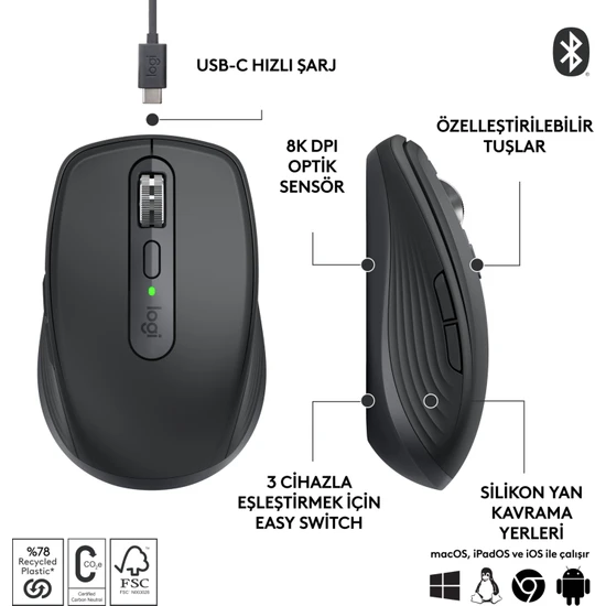 Logitech MX Anywhere 3S 910-006929 Siyah Şarjlı Lazer Kablosuz Mouse