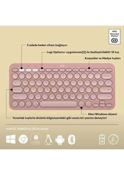 Logitech Pebble Keys 2 K380S 920-011861 Pembe TKL Q Kablosuz Klavye