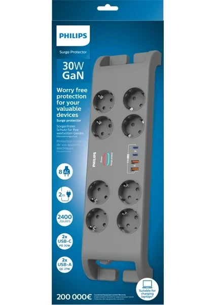 Philips SPN8180GA 2400 Joule Type-C USB'li 2 m 8'li Akım Korumalı Priz