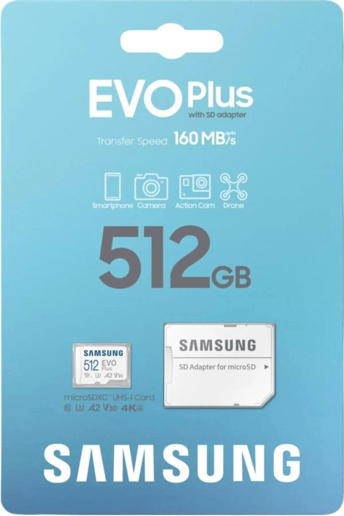 Samsung Evo Plus MB-MC512SA Class 10 UHS-I U3 A2 V30 512 GB Micro SD Kartı