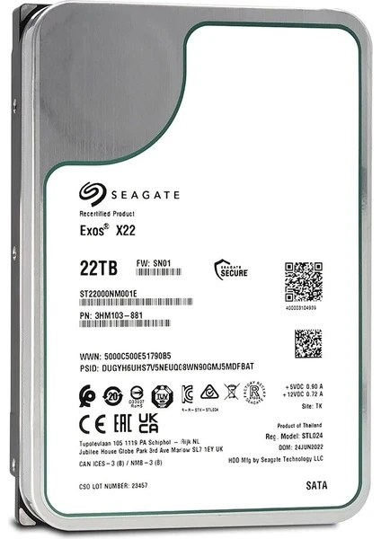 Seagate Exos X22 ST22000NM001E SATA 3.0 7200 RPM 3.5" 22 TB Harddisk