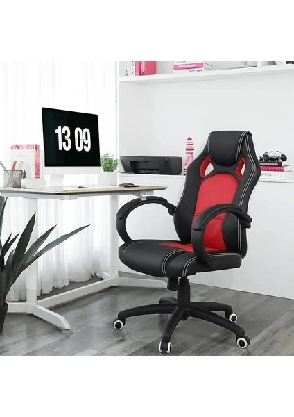 Songmics Yarış Sandalyesi, Ofis Sandalyesi, Oyun Sandalyesi, Yönetici Koltuğu, Döner Sandalye, Poliüretan, Siyah-Kırmızı, Obg56B