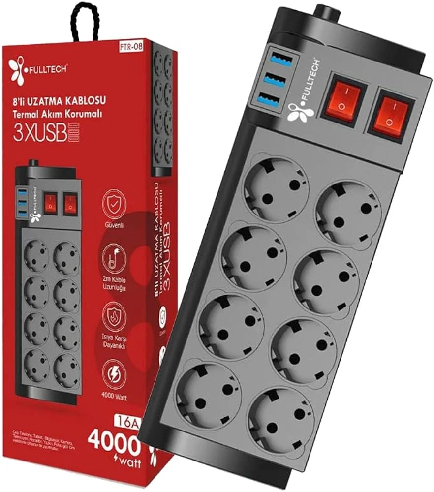 TERMAL AKIM KORUMALI ISIYA KARŞI DAYANIKLI 8'Lİ PRİZ KABLO UZUNLUĞU 2MT 3XUSB