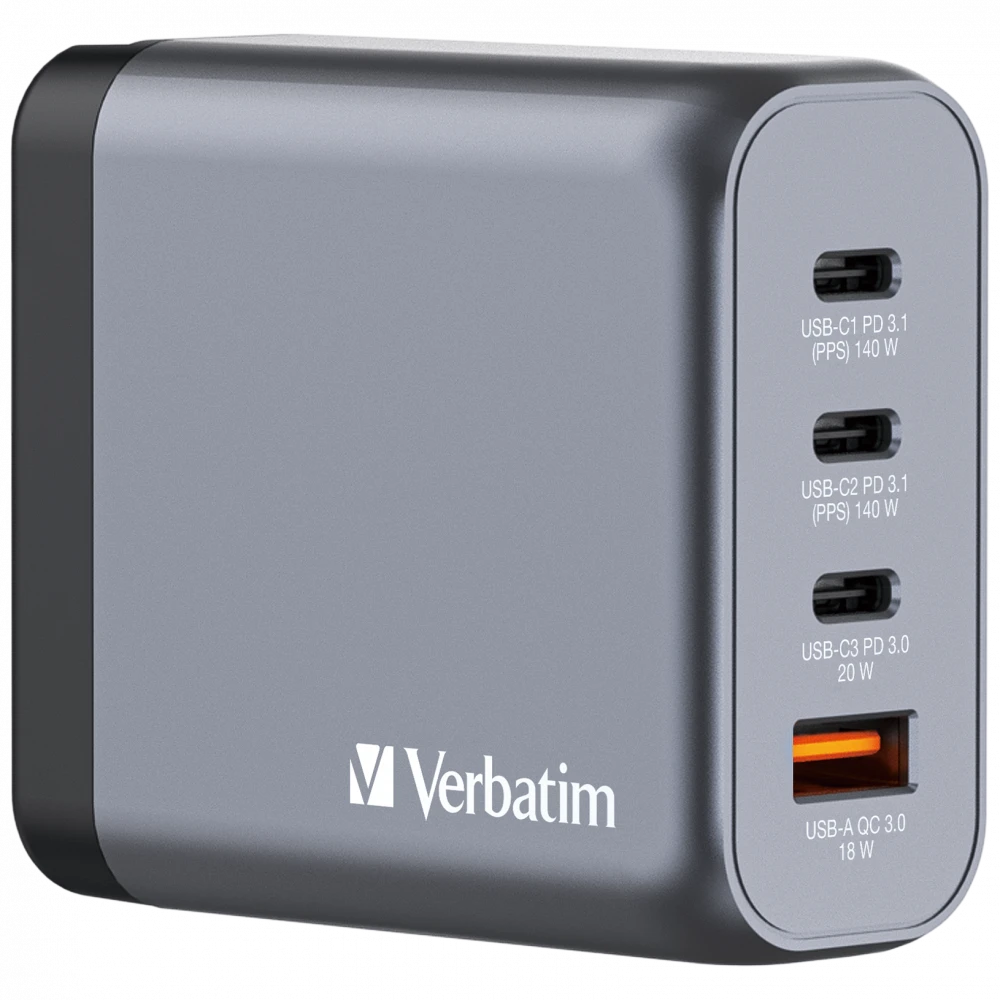VERBATİM 140W 4 PORTLU GAN DUVAR ŞARJ CİHAZI 2 X USB-C® PD 140W / 1 X USB-C® PD 20W / 1 X USB-A QC 3.0