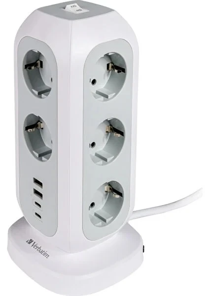 VERBATİM EU SOKET KULESİ 15'İ 1 ARADA, 11 SOKETLİ ÇOKLU SOKET, 2 USB-C VE 2 USB-A BAĞLANTI NOKTASI, ANAHTARLI ÇOKLU SOKET VE 2 M UZATMA KABLOSU, MAKSİMUM 3600 W