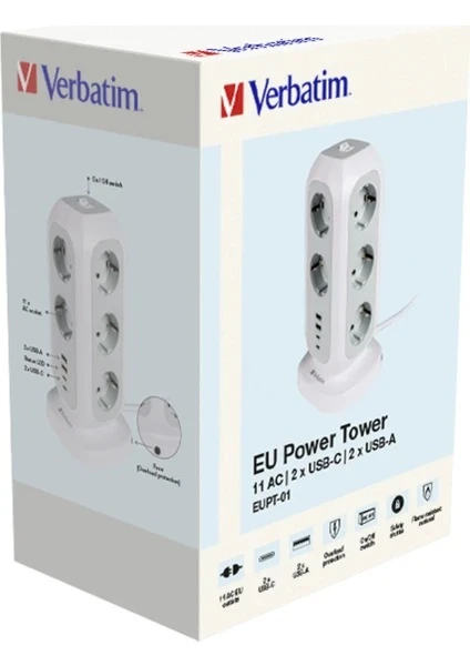 VERBATİM EU SOKET KULESİ 15'İ 1 ARADA, 11 SOKETLİ ÇOKLU SOKET, 2 USB-C VE 2 USB-A BAĞLANTI NOKTASI, ANAHTARLI ÇOKLU SOKET VE 2 M UZATMA KABLOSU, MAKSİMUM 3600 W