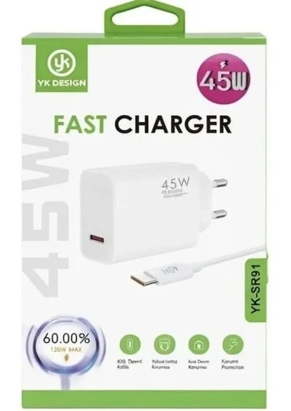 YK Design PD Type-C 45Watt Hızlı Şarj Aleti + Kablo