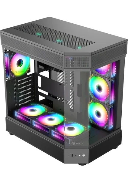 Zoko Tank 7x12 CM Kumandalı ARGB Fan Temper Camlı Oyuncu Bilgisayar Kasası Siyah