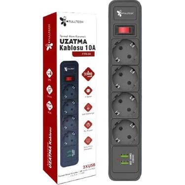 FULLTECH TERMAL AKIM KORUMALI ISIYA KARŞI DAYANIKLI 4'LÜ PRİZ KABLO UZUNLUĞU 2 MT 2XUSB