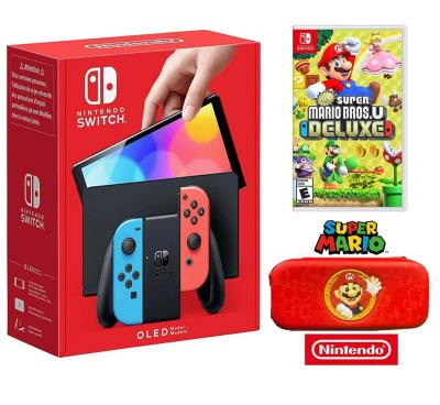 NİNTENDO SWİTCH OLED NEON RED/NEON BLUE OYUN KONSOLU + NEW SUPER MARİO BROS U DELUXE NİNTENDO SWİTCH OYUN + NİNTEDO SWİTCH OLED SÜPER MARİO ÇANTA