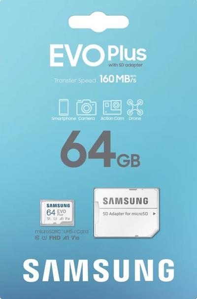 Samsung Evo Plus MB-MC64SA Class 10 UHS-I U1 A1 V10 64 GB Micro SD Kart